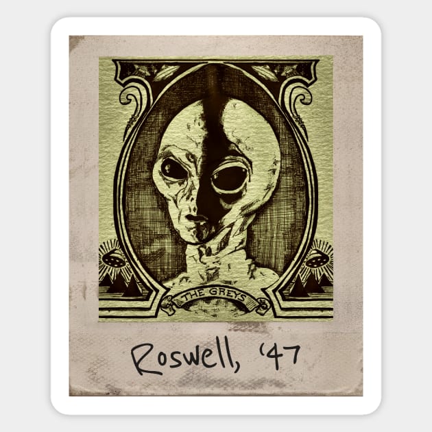 The Greys - Alien Dollar Portrait, Roswell 1947 Sticker by Rabid Penguin Records